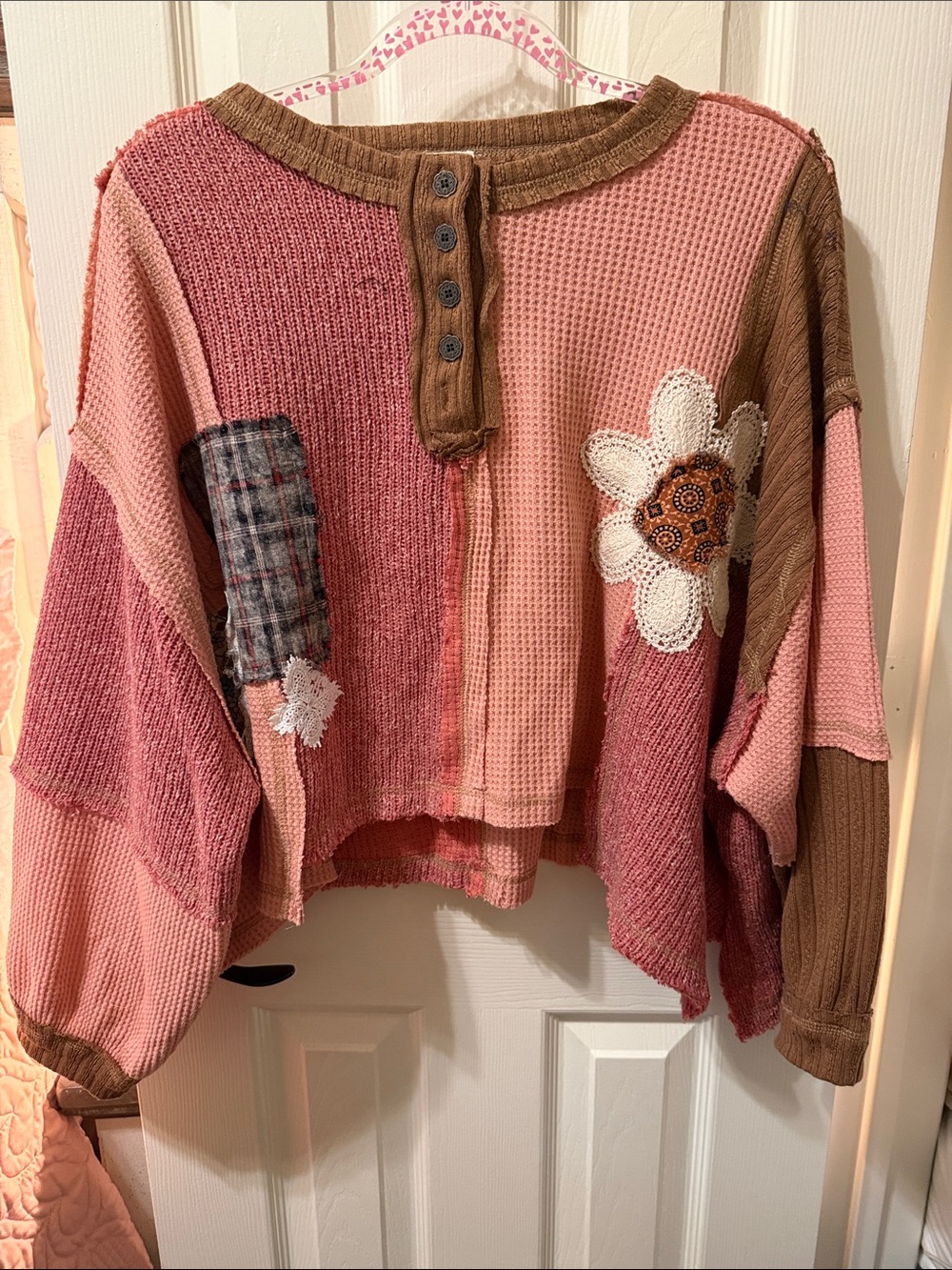 POL Pink and Brown Patchwork Floral Cropped Sweater